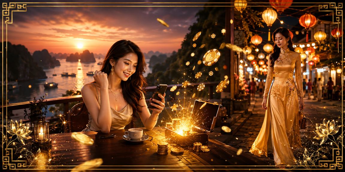 Khung cảnh thư giãn tại vịnh Hạ Long với người dùng truy cập nền tảng cá cược qua điện thoại bên ly cà phê