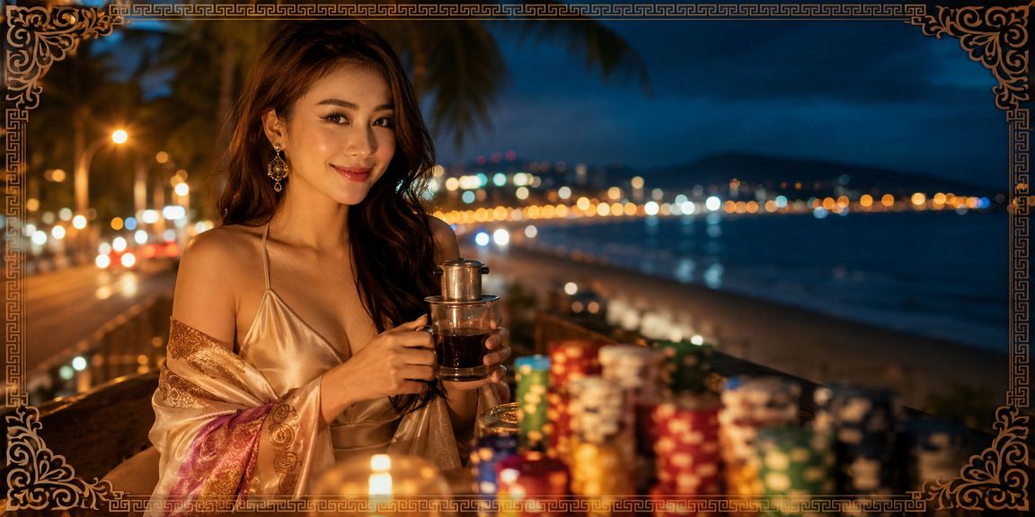 Khung cảnh nghỉ ngơi tại Mũi Né, người dùng truy cập nền tảng giải trí qua điện thoại bên ly cà phê